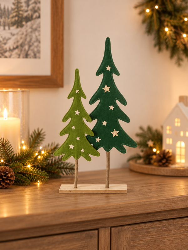 2 sapins de Noël en feutrine verte sur socle bois 56 cm