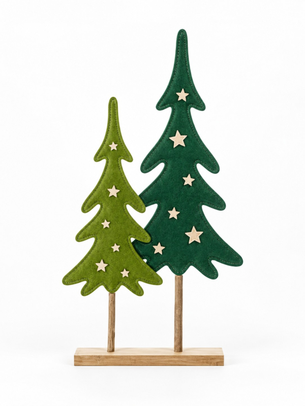 2 sapins de Noël en feutrine verte sur socle bois 56 cm
