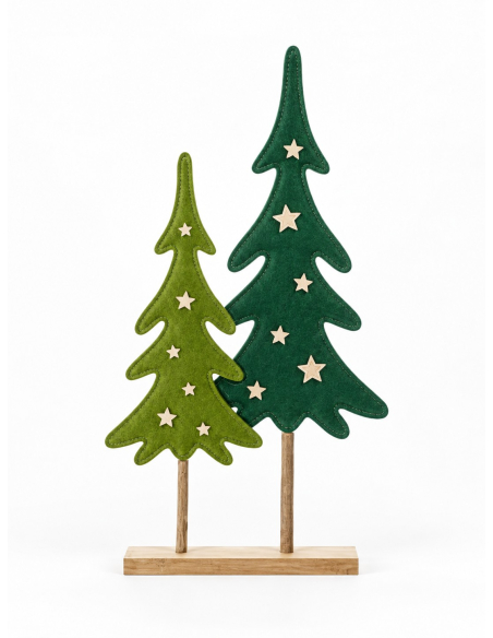 2 sapins de Noël en feutrine verte sur socle bois 56 cm