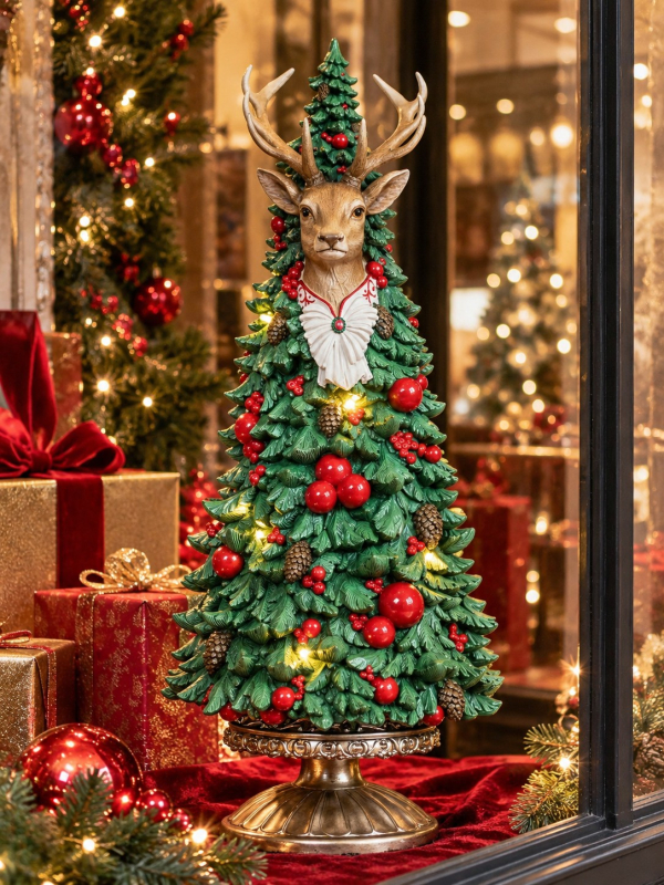 Sapin de Noël LED avec tête de renne 51 cm en résine