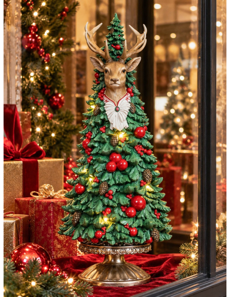 Sapin de Noël LED avec tête de renne 51 cm en résine