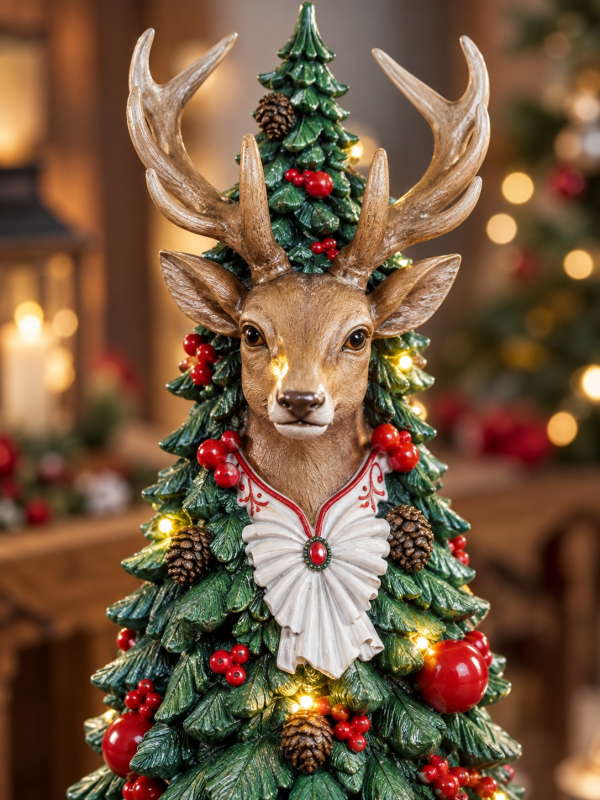 Sapin de Noël LED avec tête de renne 51 cm en résine