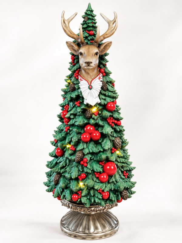 Sapin de Noël LED avec tête de renne 51 cm en résine