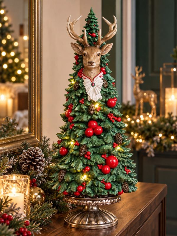 Sapin de Noël LED avec tête de renne 51 cm en résine