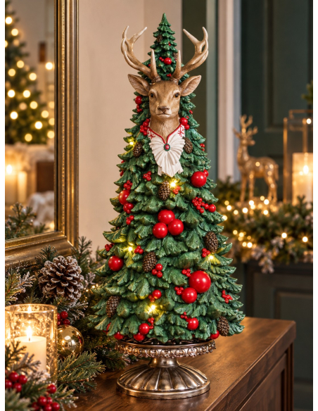 Sapin de Noël LED avec tête de renne 51 cm en résine