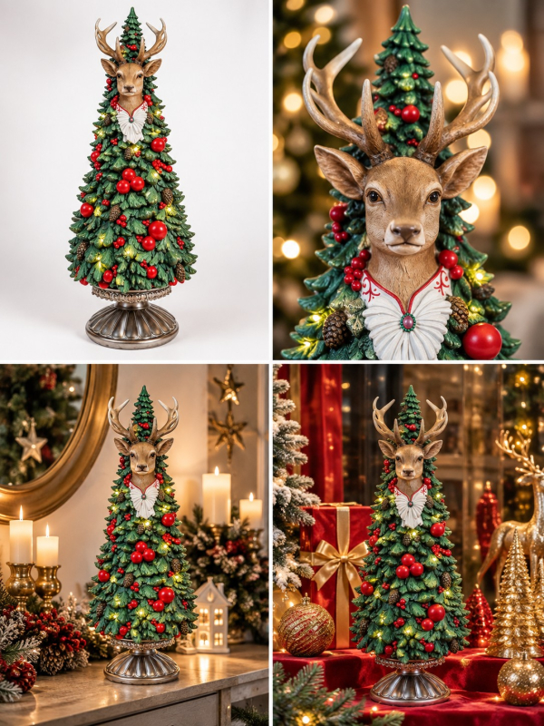 Sapin de Noël LED avec tête de renne 51 cm en résine