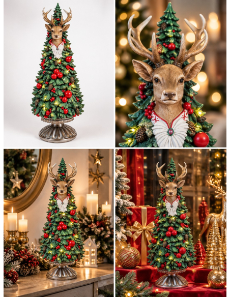 Sapin de Noël LED avec tête de renne 51 cm en résine