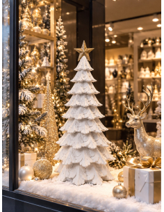 Sapin décoratif blanc en résine avec étoile dorée 51 cm