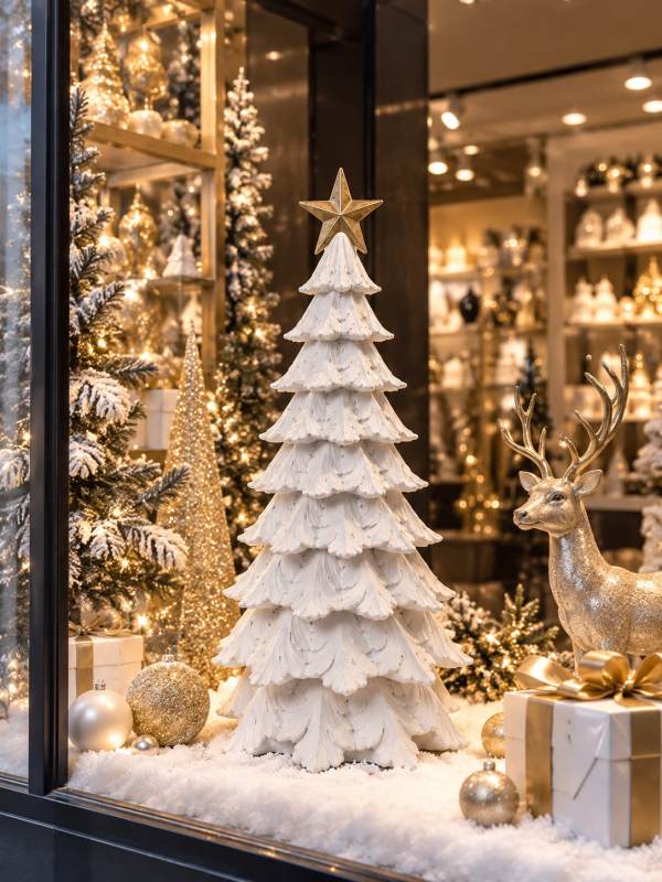 Sapin décoratif blanc en résine avec étoile dorée 51 cm