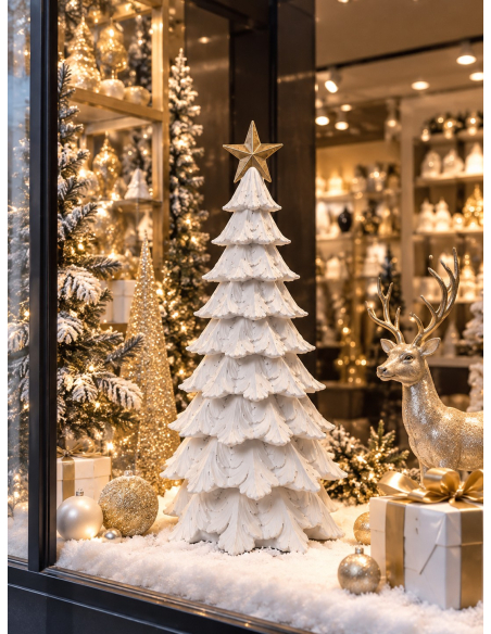 Sapin décoratif blanc en résine avec étoile dorée 51 cm