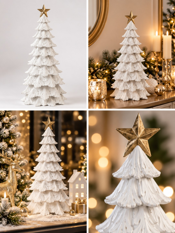 Sapin décoratif blanc en résine avec étoile dorée 51 cm