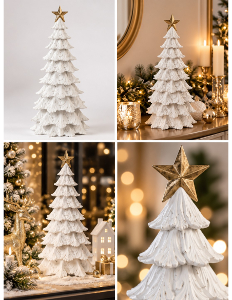 Sapin décoratif blanc en résine avec étoile dorée 51 cm