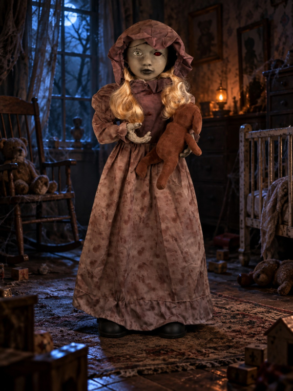Automate Halloween poupée hantée 95 cm à tête tournante