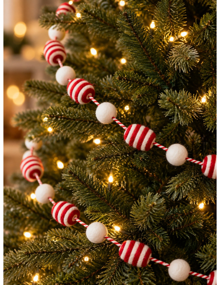 Décoration Noël : Guirlande de bonbons rouge & blanc 180 cm style sucre d’orge