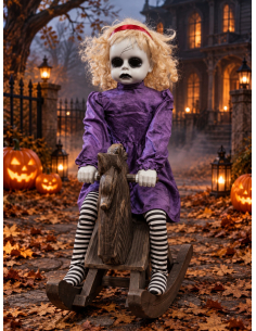 Automate Poupée Blonde sur Cheval du Manoir Hanté – Décoration Halloween animée