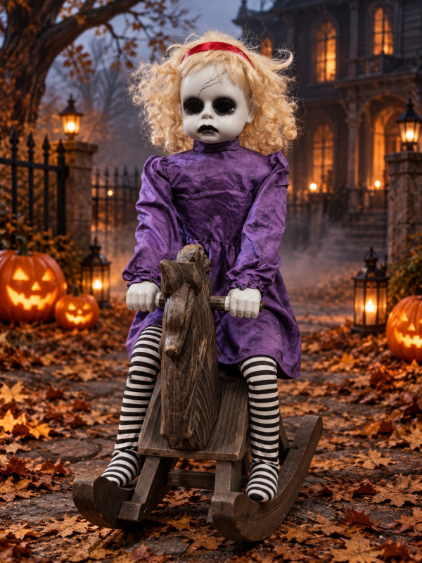 Automate Poupée Blonde sur Cheval du Manoir Hanté – Décoration Halloween animée
