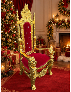 Trône Père Noël et Saint-Nicolas rouge et or 178 cm – Fauteuil baroque en scène