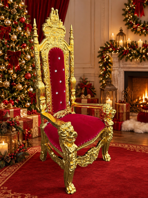 Trône Père Noël et Saint-Nicolas rouge et or 178 cm – Fauteuil baroque en scène