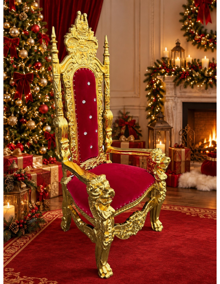 Trône Père Noël et Saint-Nicolas rouge et or 178 cm – Fauteuil baroque en scène
