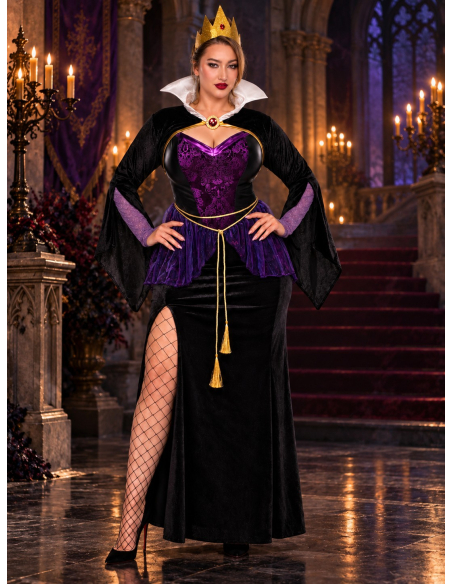 Déguisement reine maléfique femme grande taille noir et violet en scène
