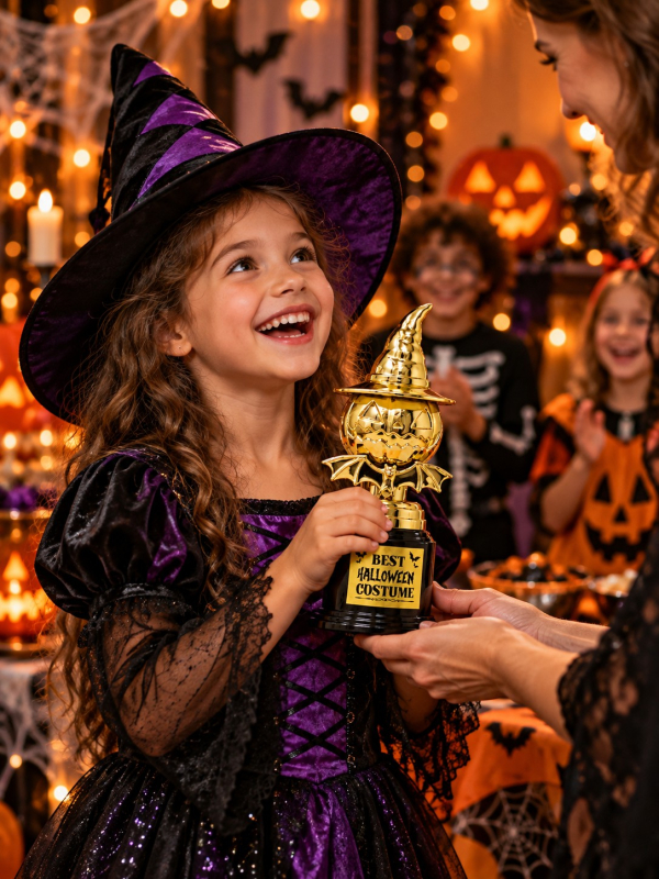 Trophée meilleur déguisement Halloween 22 cm porté par enfant