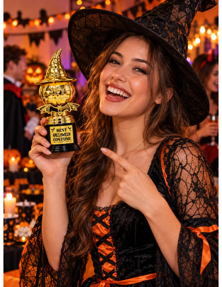 Trophée meilleur déguisement Halloween 22 cm porté par adulte