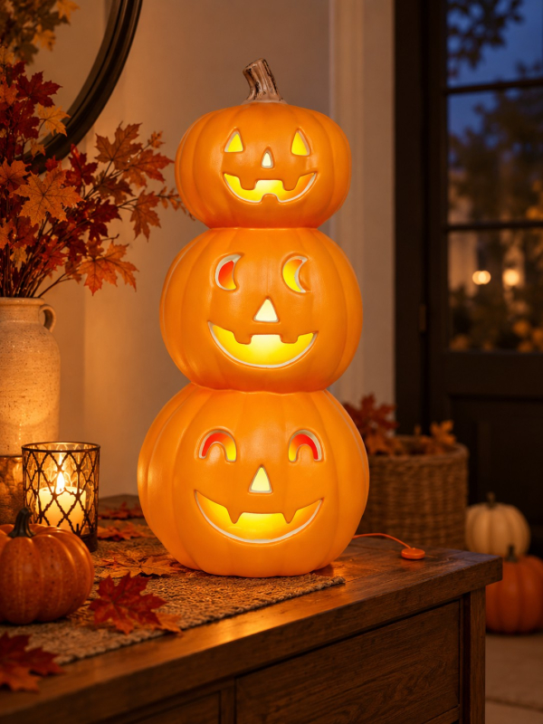 3 citrouilles Halloween lumineuses empilées – 52 cm