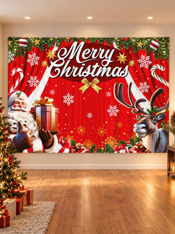 Photocall Noël Merry Christmas 220 × 150 cm en tissu