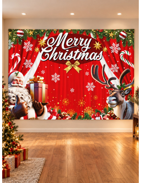 Photocall Noël Merry Christmas 220 × 150 cm en tissu