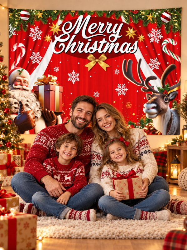 Photocall Noël Merry Christmas 220 × 150 cm en tissu