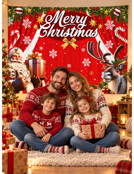 Photocall Noël Merry Christmas 220 × 150 cm en tissu