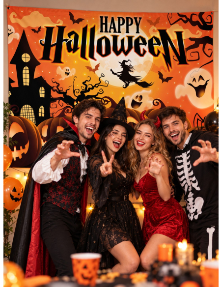 Photocall Halloween 220x150 cm – Bannière Tissu "Happy Halloween