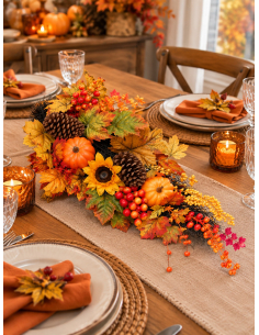 Centre de table automnal tournesols, citrouilles et feuillages 70 cm