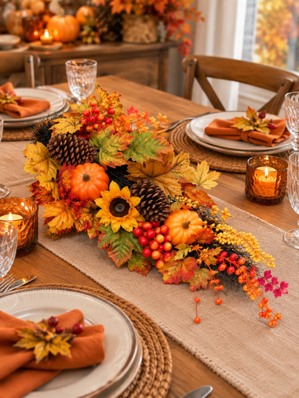 Centre de table automnal tournesols, citrouilles et feuillages 70 cm