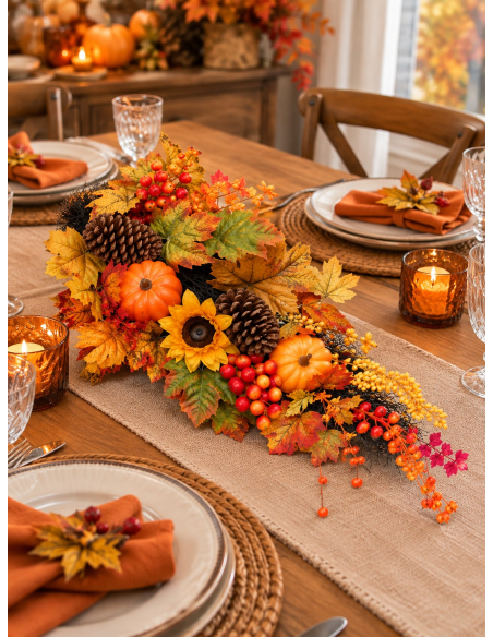 Centre de table automnal tournesols, citrouilles et feuillages 70 cm