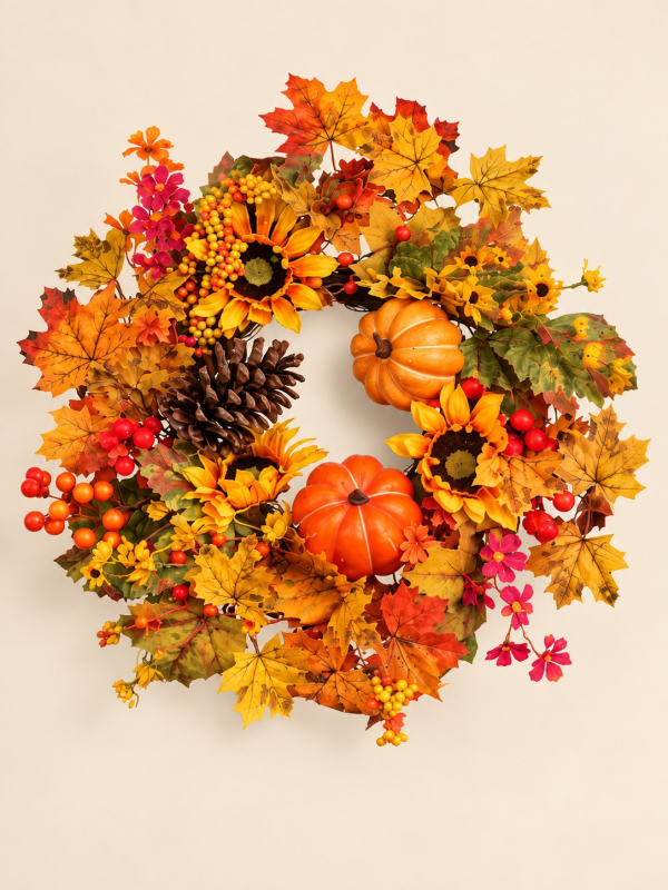 Couronne automnale tournesols, citrouilles et feuillages 50 cm