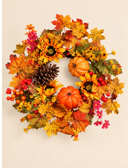 Couronne automnale tournesols, citrouilles et feuillages 50 cm