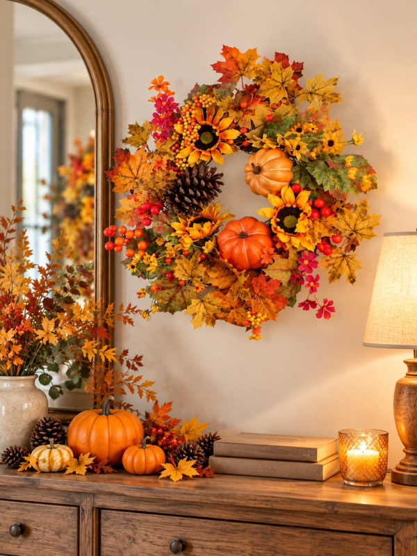 Couronne automnale tournesols, citrouilles et feuillages 50 cm
