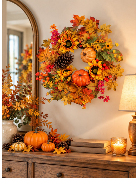 Couronne automnale tournesols, citrouilles et feuillages 50 cm