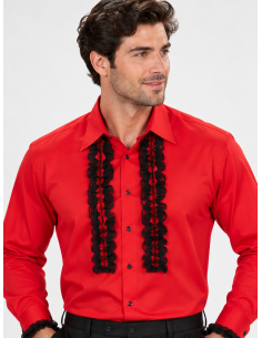 Chemise espagnole homme rouge à volants noirs