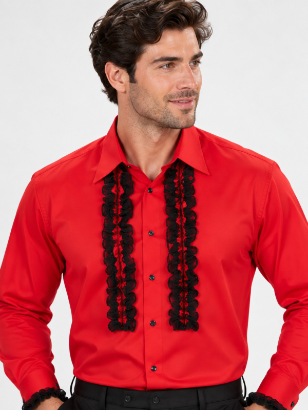 Chemise espagnole homme rouge à volants noirs