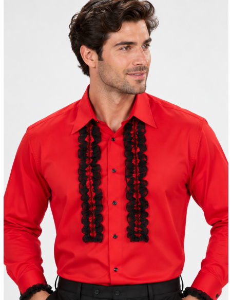 Chemise espagnole homme rouge à volants noirs
