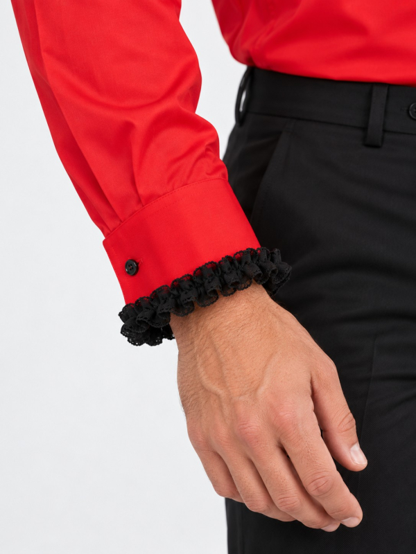 Chemise espagnole homme rouge à volants noirs détail