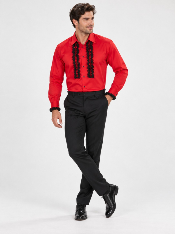 Chemise espagnole homme rouge à volants noirs