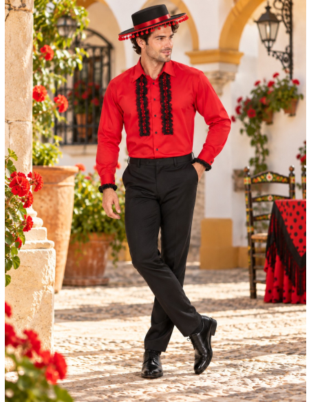 Chemise espagnole homme rouge à volants noirs