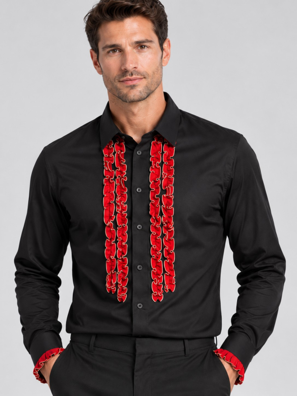 Chemise espagnole homme noire à volants rouges