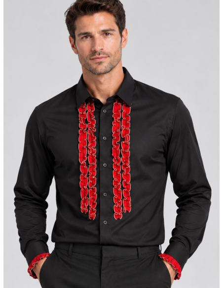 Chemise espagnole homme noire à volants rouges