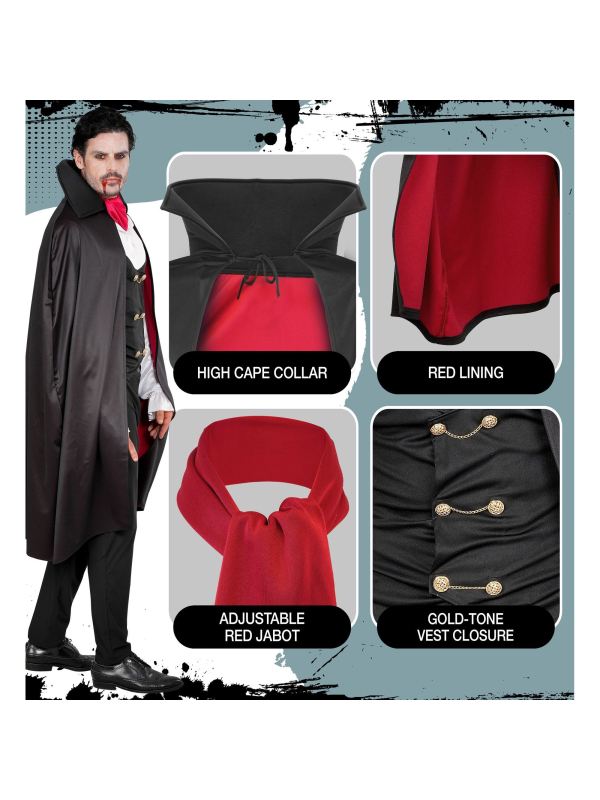Déguisement vampire homme avec cape noir et rouge détail