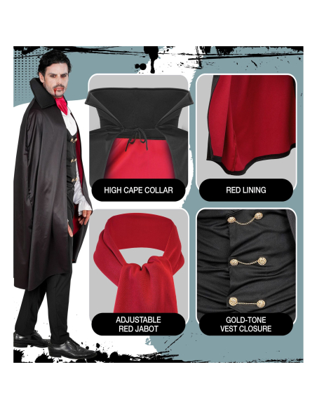 Déguisement vampire homme avec cape noir et rouge détail