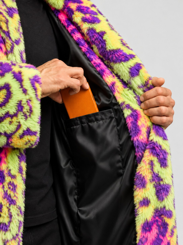 Manteau fausse fourrure néon homme Carnaval de Dunkerque détail
